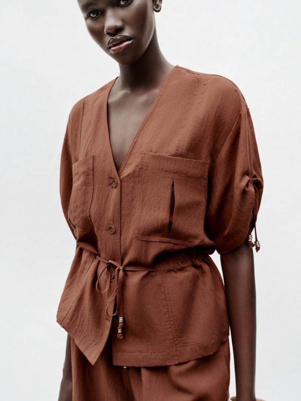 NWT SHORT SLEEVE BEADED SAFARI JACKET Size XS - Dark Russet